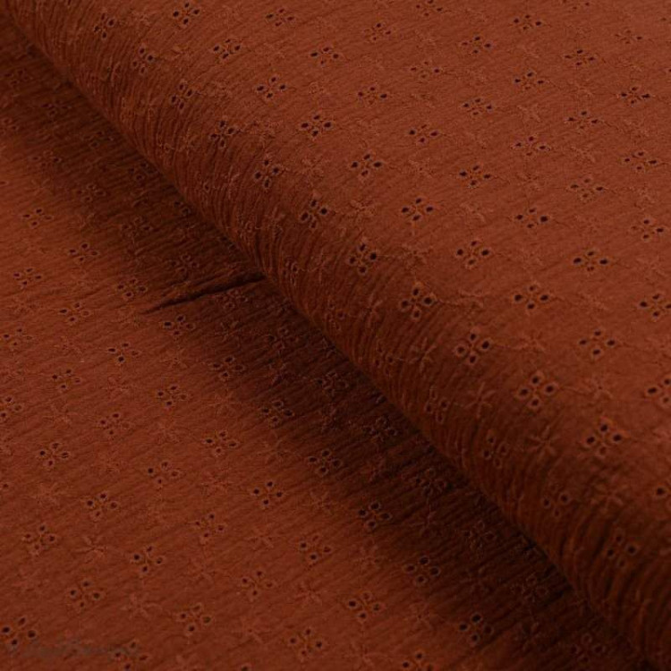 Coupon de tissu double gaze brodée de coton Terracotta 110cm