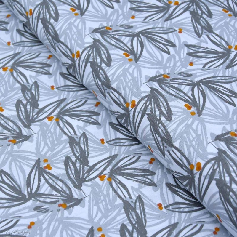 Tissu Coton Motif Feuilles Nabali Gris Et Ocre Oeko Tex Vente