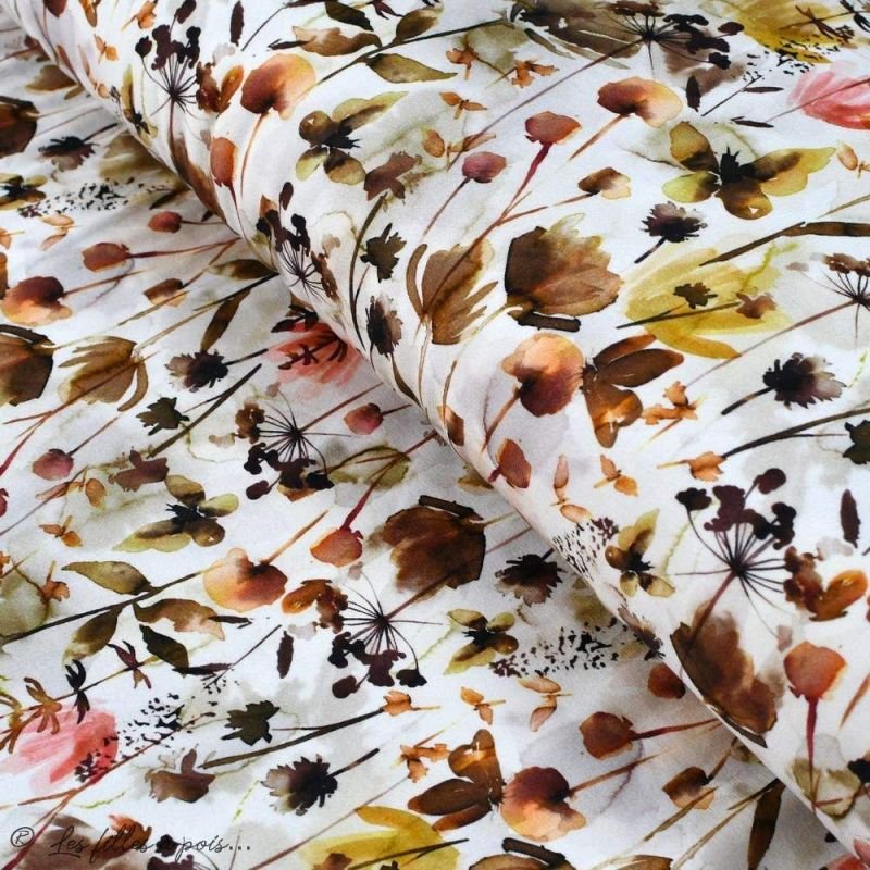 Tissu Jersey Coton Motif Fleur Wild Flowers Blanc Et Tons Marrons Oeko Tex Vente En