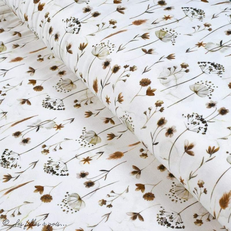 Tissu Jersey Coton Motif Fleur Pressed Flowers Blanc Et Tons Marrons Oeko Tex Vente En