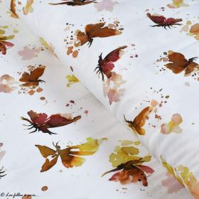 Tissu jersey coton motif papillons "Butterflies" - Blanc, tons ocre et marrons - Oeko-Tex ® Family Fabrics ® - Tissus oekotex - 