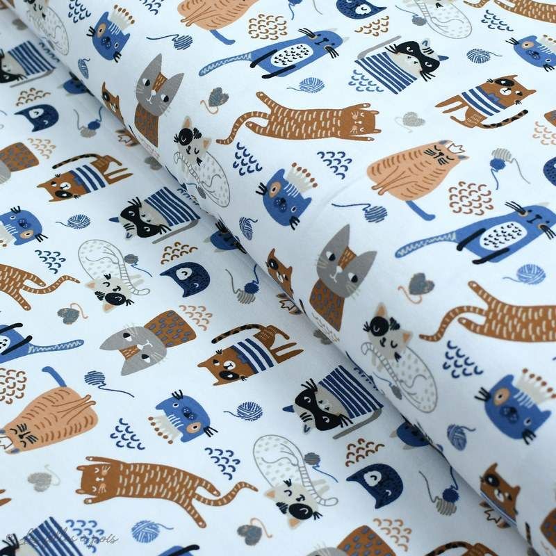 Tissu Jersey Coton Motif Chat Blanc Bleu Et Camel Oeko Tex Et Gots Achat Vente Mercerie En Ligne