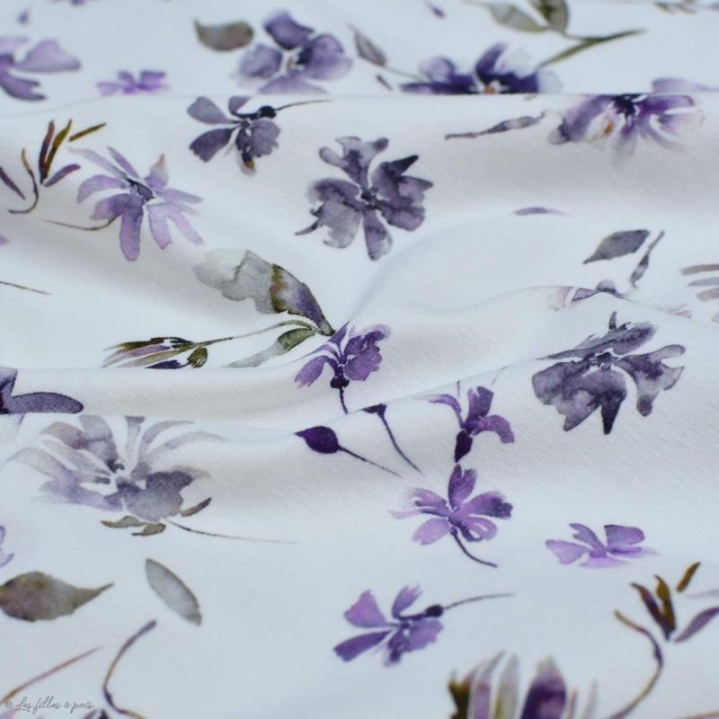 Tissu Jersey Coton Motif Fleurs Floral Wild Daisies Blanc Et Violet