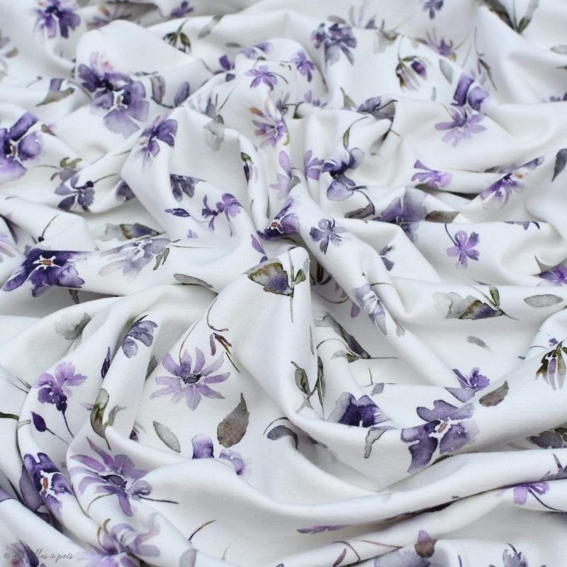 Tissu Jersey Coton Motif Fleurs Floral Wild Daisies Blanc Et Violet