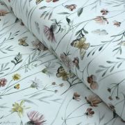 Tissu jersey coton motif fleurs "Flowers and Butterflies" - Blanc et tons ocre, terracotta et vert - Oeko-Tex ® Family Fabrics ®