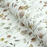 Tissu jersey côtelé motif fleurs "Flowers and Butterflies" - Blanc cassé et tons ocre - Oeko-Tex ®