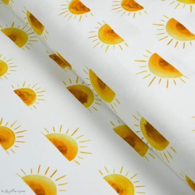 Tissu jersey coton motif soleils "Sunset" - Blanc et  jaune - Oeko-Tex ® Family Fabrics ® - Tissus oekotex - 1