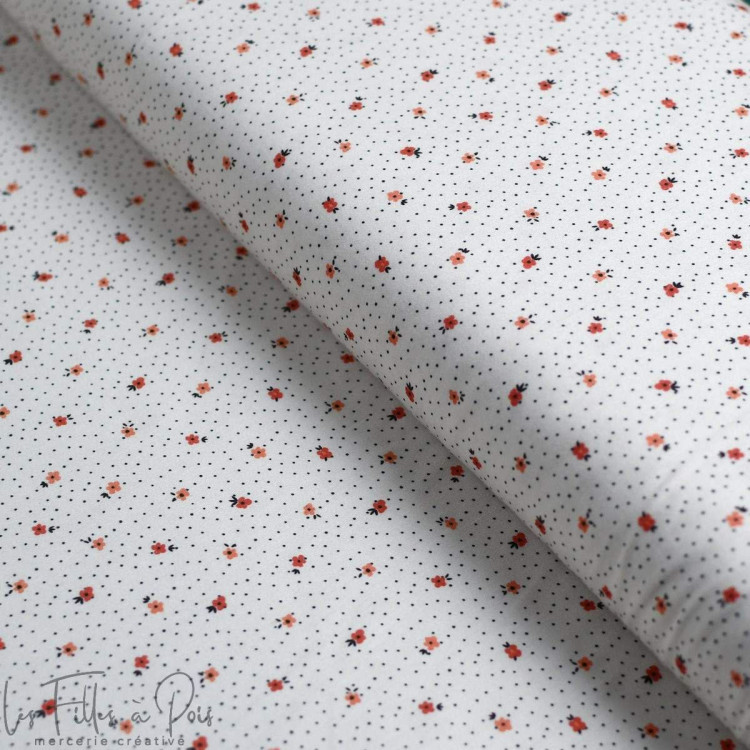 Coupon de tissu popeline de coton petites fleurs et plumetis "Daisy DK" - Ecru et terracotta - 320cm - Les Filles à Pois Les Fil