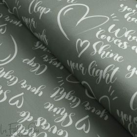 Tissu french terry motif écriture et coeurs collection "Collection Sister A" - Vert et blanc - Les Filles à Pois ® - Oeko-Tex ® 