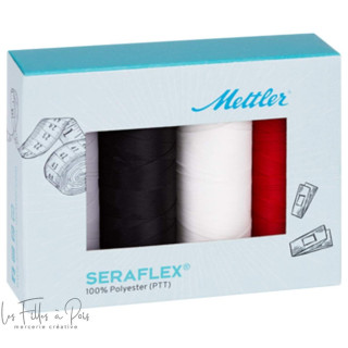 Boite de 4 bobines de fil Seraflex extensible - Blanc noir rouge gris - 130m - Mettler ® METTLER ® - Fils à coudre et à broder -