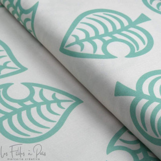 Coupon de tissu popeline de coton motif feuilles "Tanuki" - Ecru et vert menthe - 280cm - Les Filles à Pois Les Filles à Pois - 