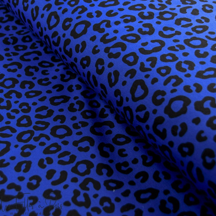 Tissu french terry motif léopard collection "Contrastes" - Bleu cobalt et noir - Les Filles à Pois Les Filles à Pois - Design ® 