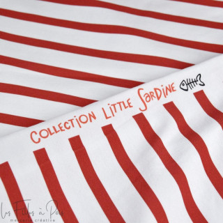 Coupon de tissu jersey motif rayures marinières "Little Sardine" - Blanc et rouge - 90cm Les Filles à Pois - Design ® - Mercerie