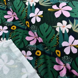 Tissu sweat motif fleurs monstera "Monstera" - Tons verts Les Filles à Pois - Design ® - Mercerie et Tissus - 1